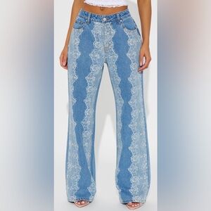 Fashion Nova Blue Lace-Print Flare Jeans
